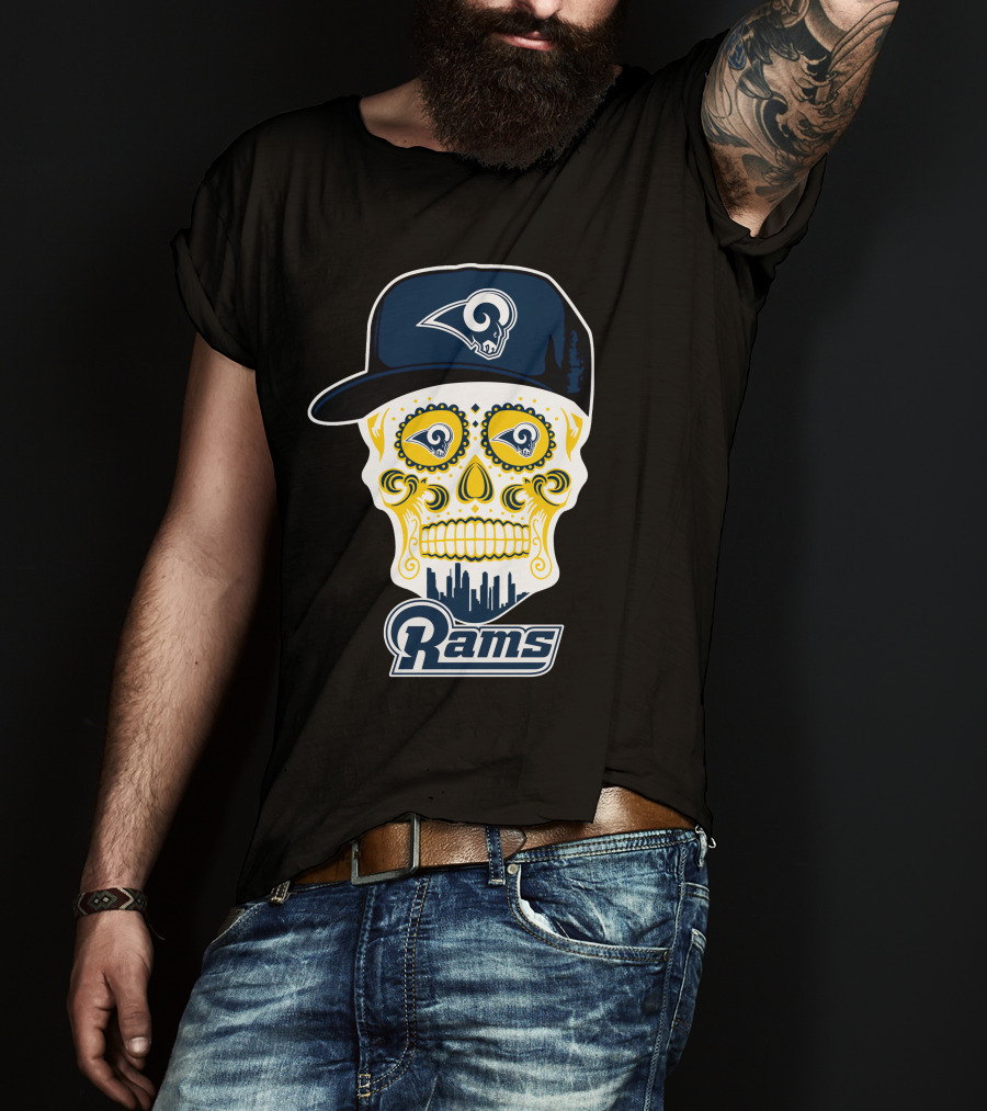 Los Angeles Rams Skull Rams Cap City Skyline T-Shirt