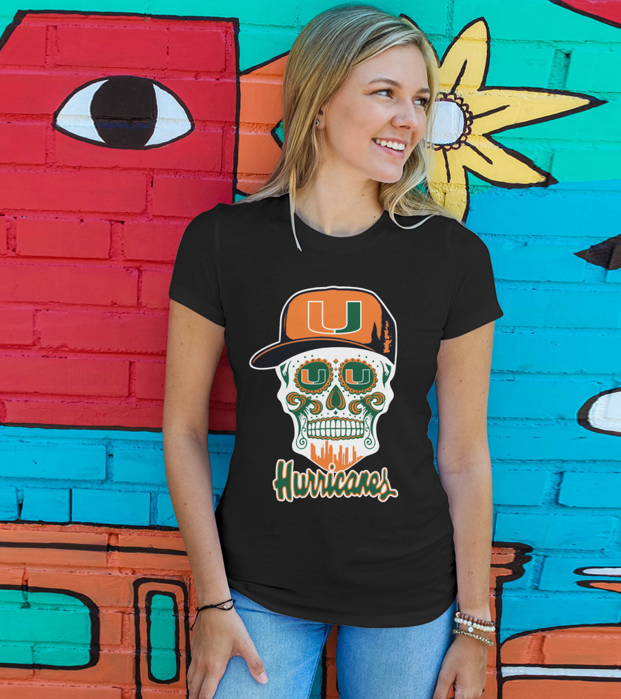 Miami Hurricanes Skull Orange And Green U Cap T-Shirt
