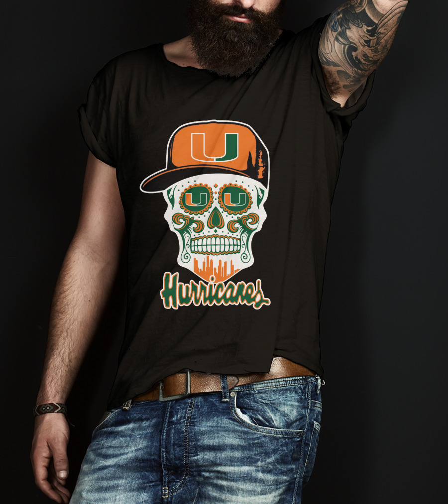 Miami Hurricanes Skull Orange And Green U Cap T-Shirt