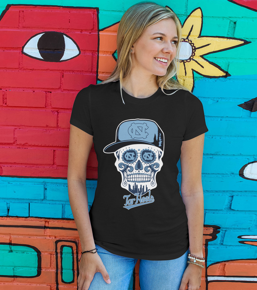 North Carolina Tar Heels Sugar Skull With Hat And Cityscape T-Shirt