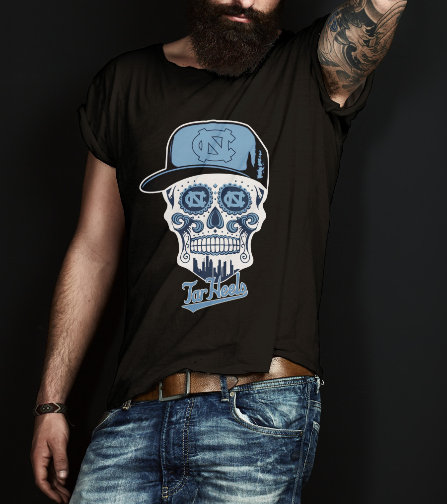 North Carolina Tar Heels Sugar Skull With Hat And Cityscape T-Shirt