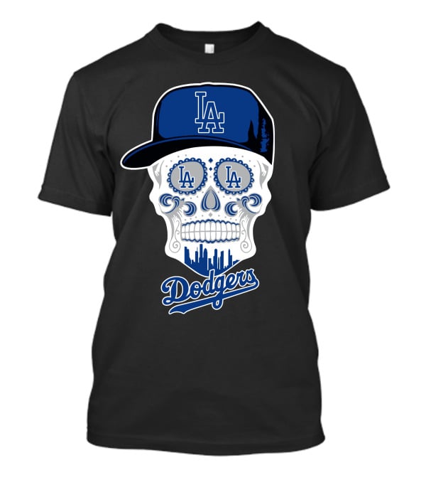 Los Angeles Dodgers Skull La Hat Blue City Skyline T-Shirt