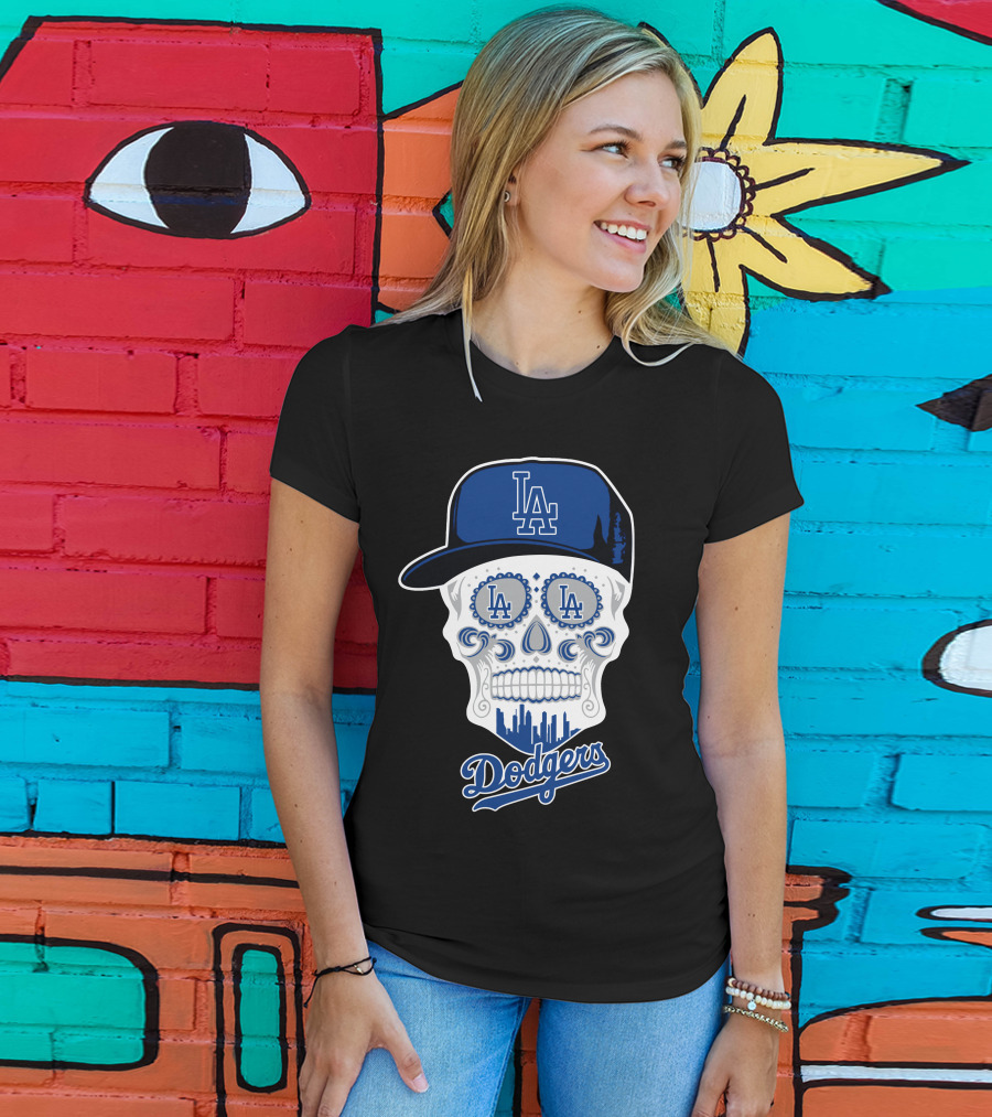Los Angeles Dodgers Skull La Hat Blue City Skyline T-Shirt