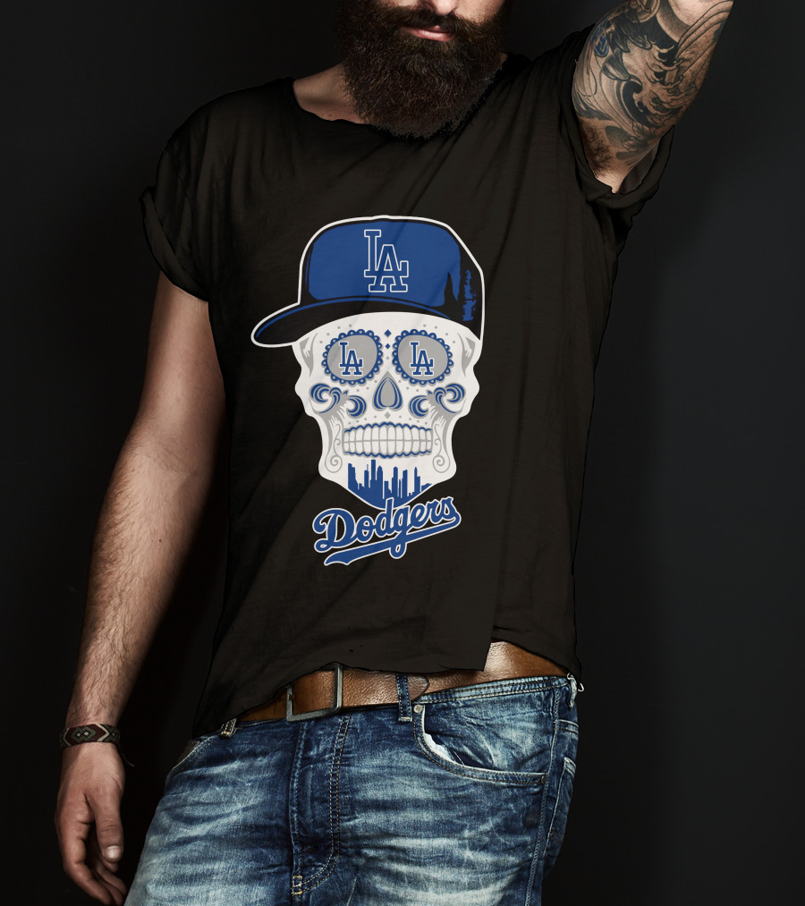 Los Angeles Dodgers Skull La Hat Blue City Skyline T-Shirt