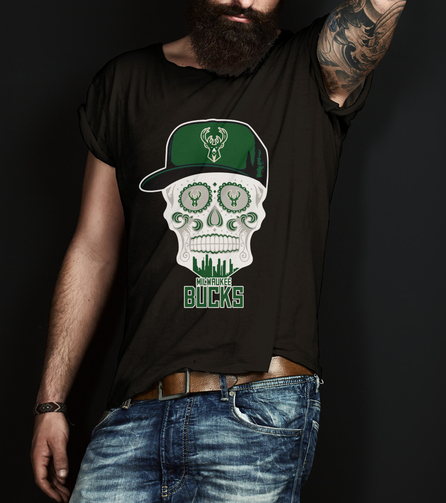 Milwaukee Bucks Skull With Cap And Skyline T-Shirt