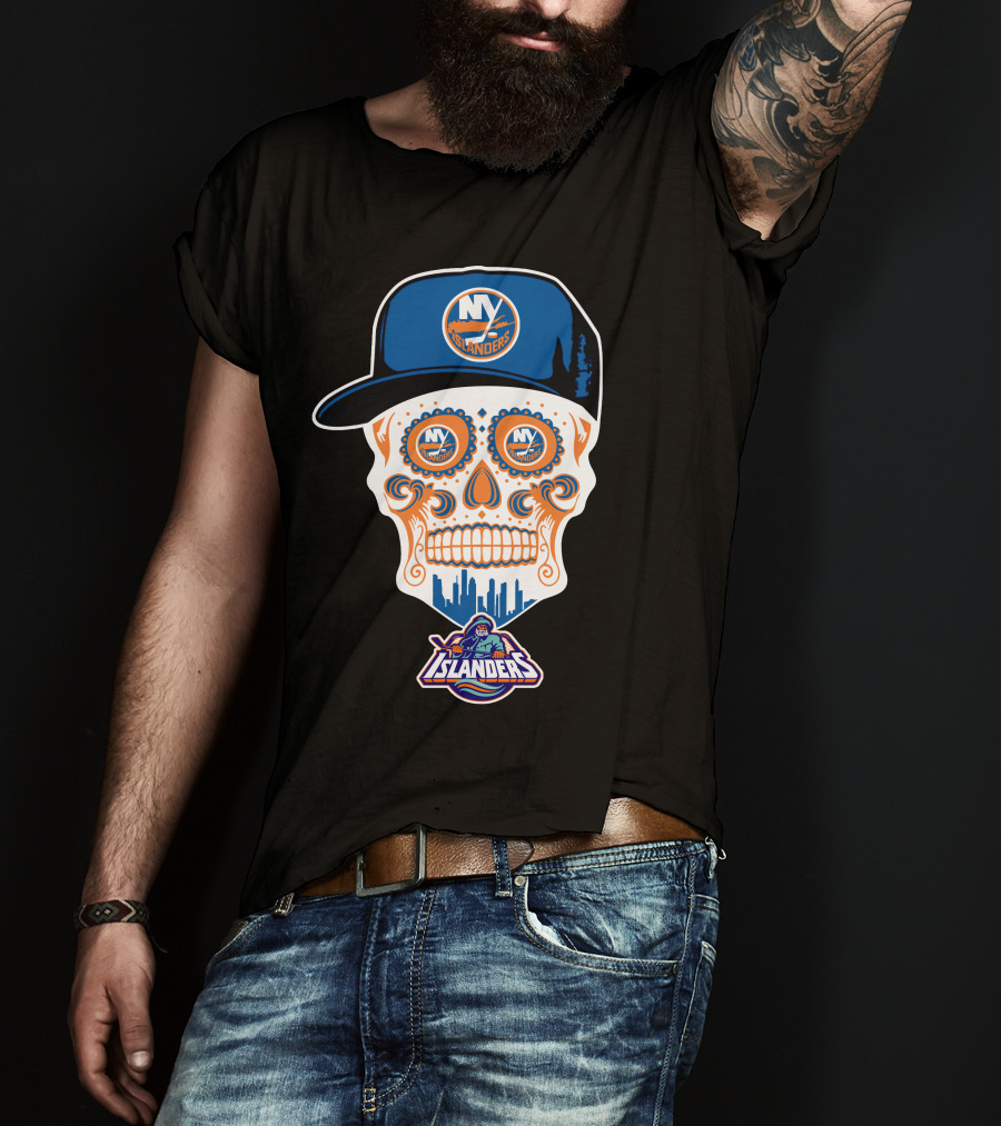 Ny Islanders Skull Logo With Cap And Cityscape T-Shirt