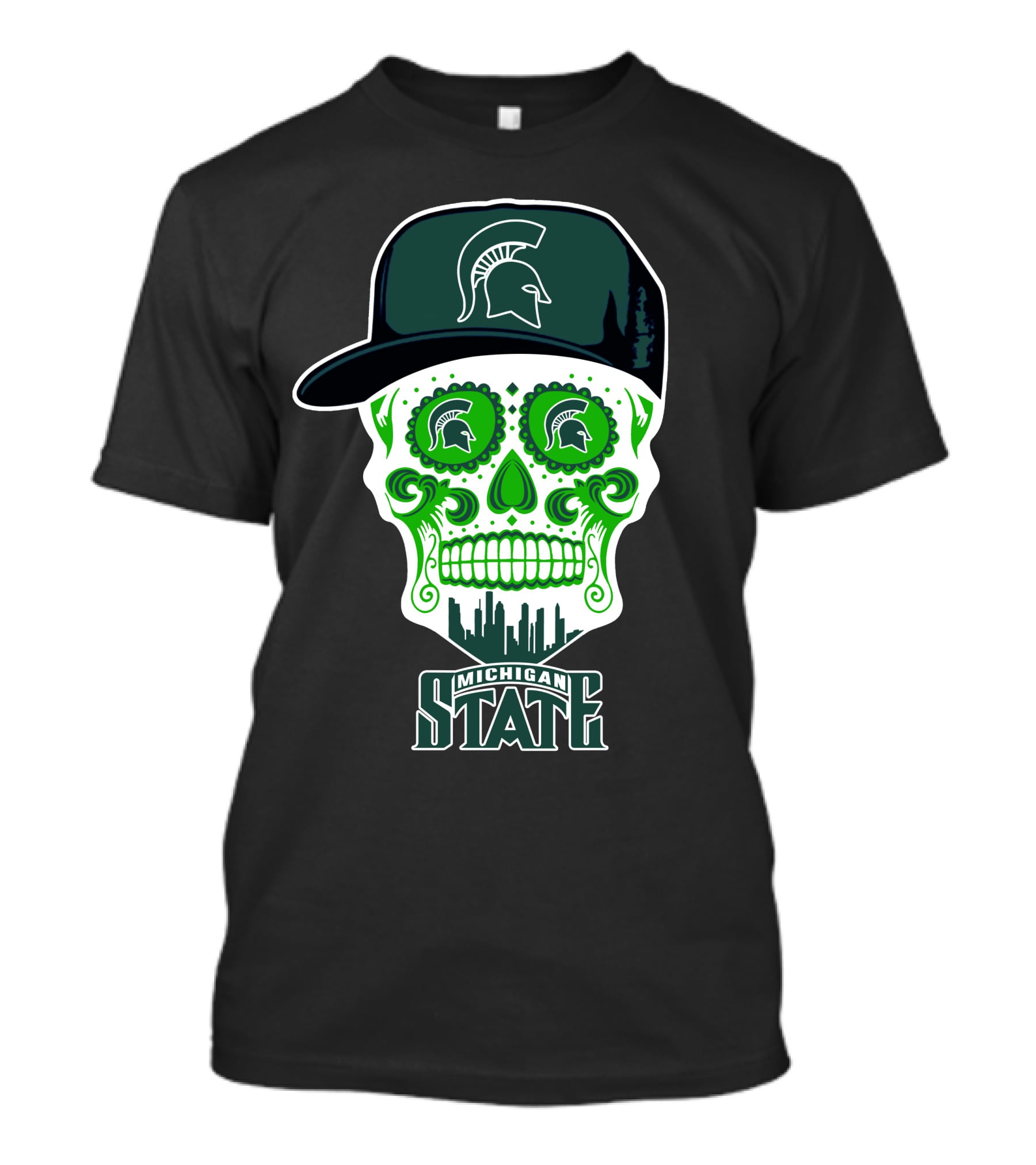 Michigan State Spartans Skull With Hat And Cityscape T-Shirt