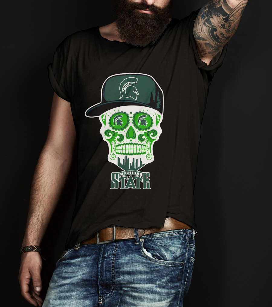 Michigan State Spartans Skull With Hat And Cityscape T-Shirt