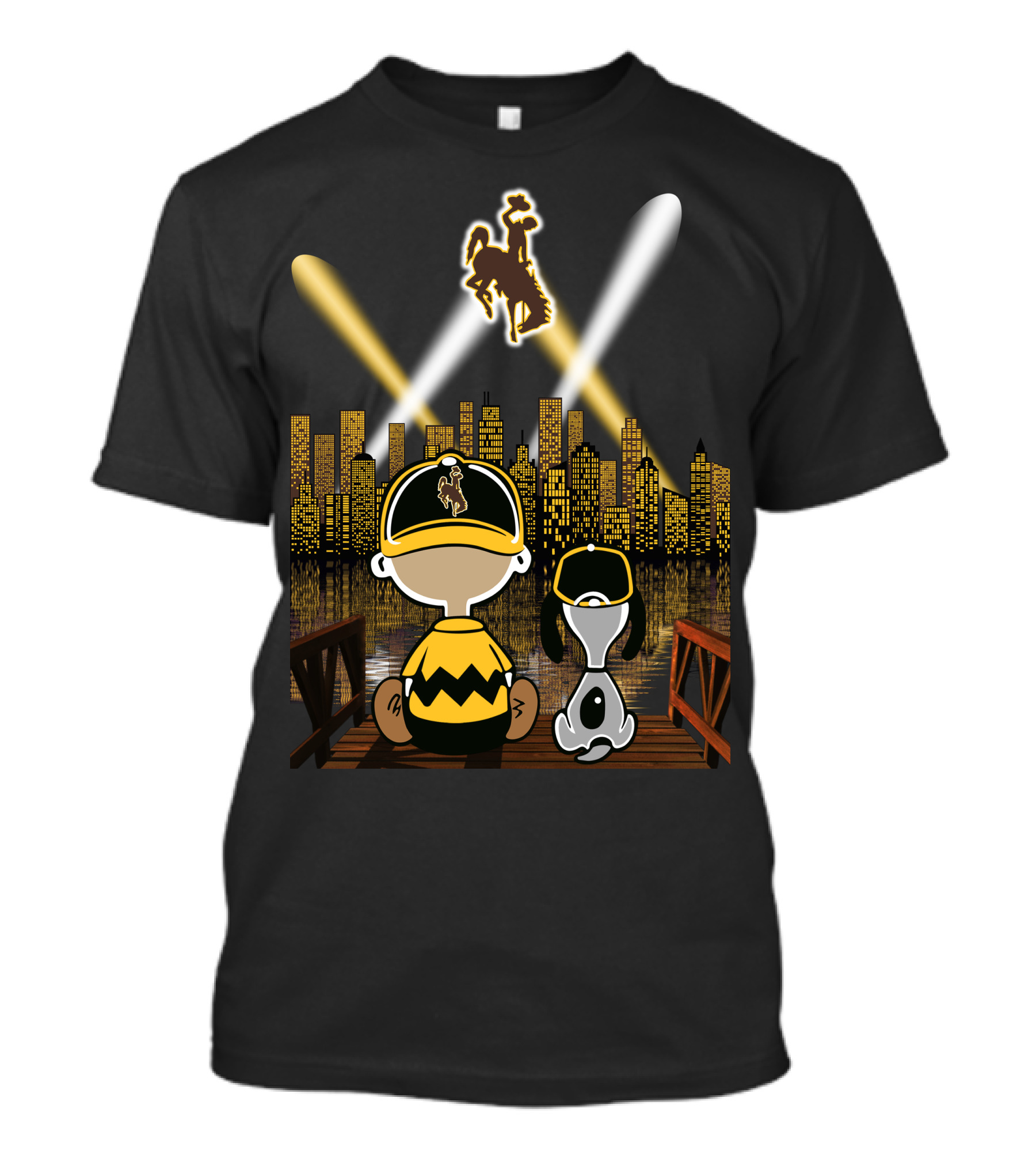 Wyoming Cowboys City At Night With Characters And Skyline T-Shirt