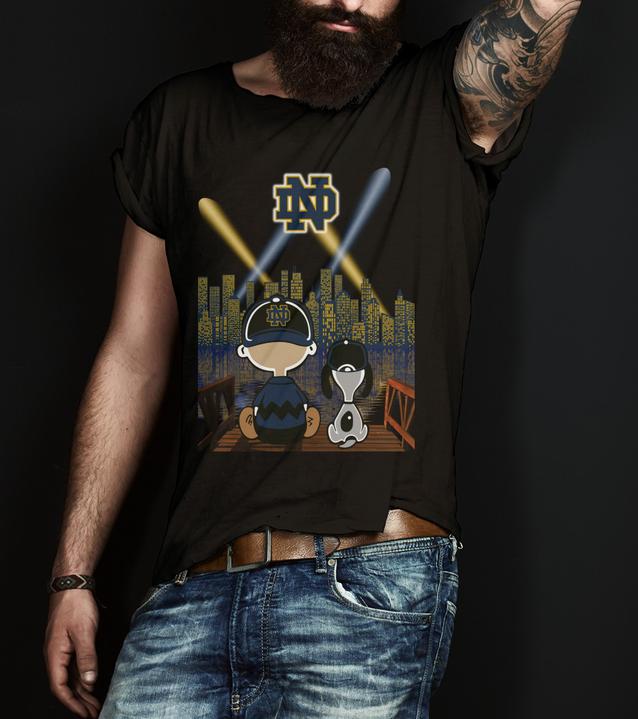 Notre Dame Fighting Irish City Skyline Night Scene With Kids And Dog T-Shirt