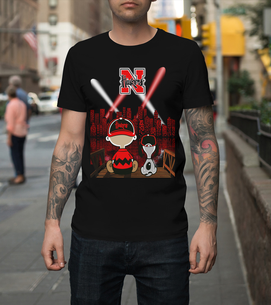 Huskers City By Night With N Logo And Iconic Cartoon Characters On A Bridge T-Shirt