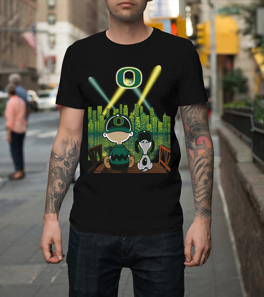 Oregon Ducks Nighttime Cityscape With Cartoon Characters And Stadium Lights T-Shirt