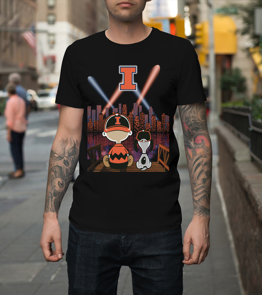 Illinois Fighting Illini Cityscape Nighttime Scene With Iconic Characters And Letter I T-Shirt