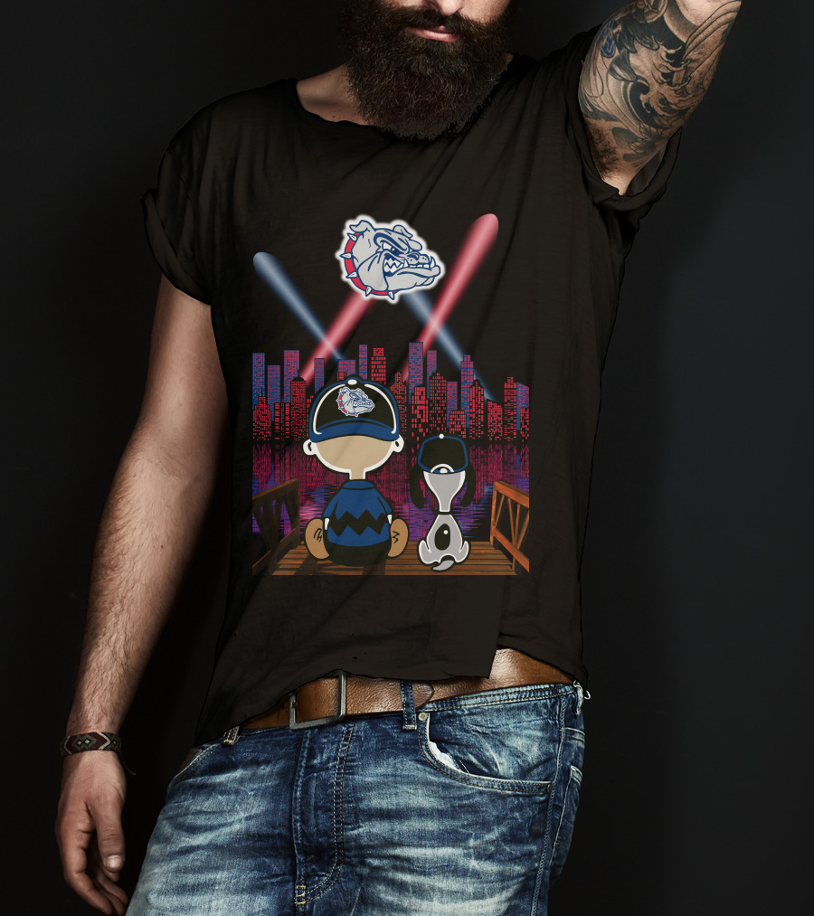 Gonzaga Bulldogs Night Cityscape With Skyline And Cartoon Characters T-Shirt
