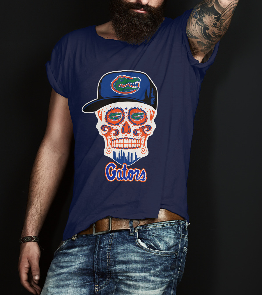 Florida Gators Skull With Alligator Logo And Hat Blue Orange T-Shirt