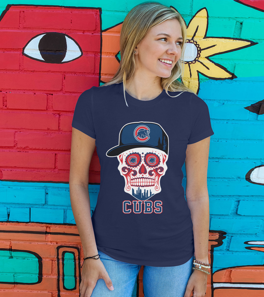 Chicago Cubs Skull With Cap Cityscape Fun T-Shirt