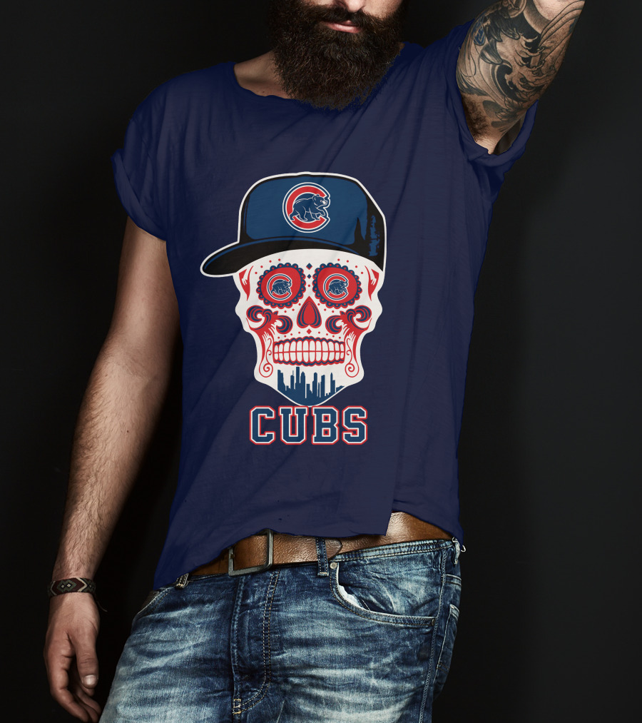 Chicago Cubs Skull With Cap Cityscape Fun T-Shirt