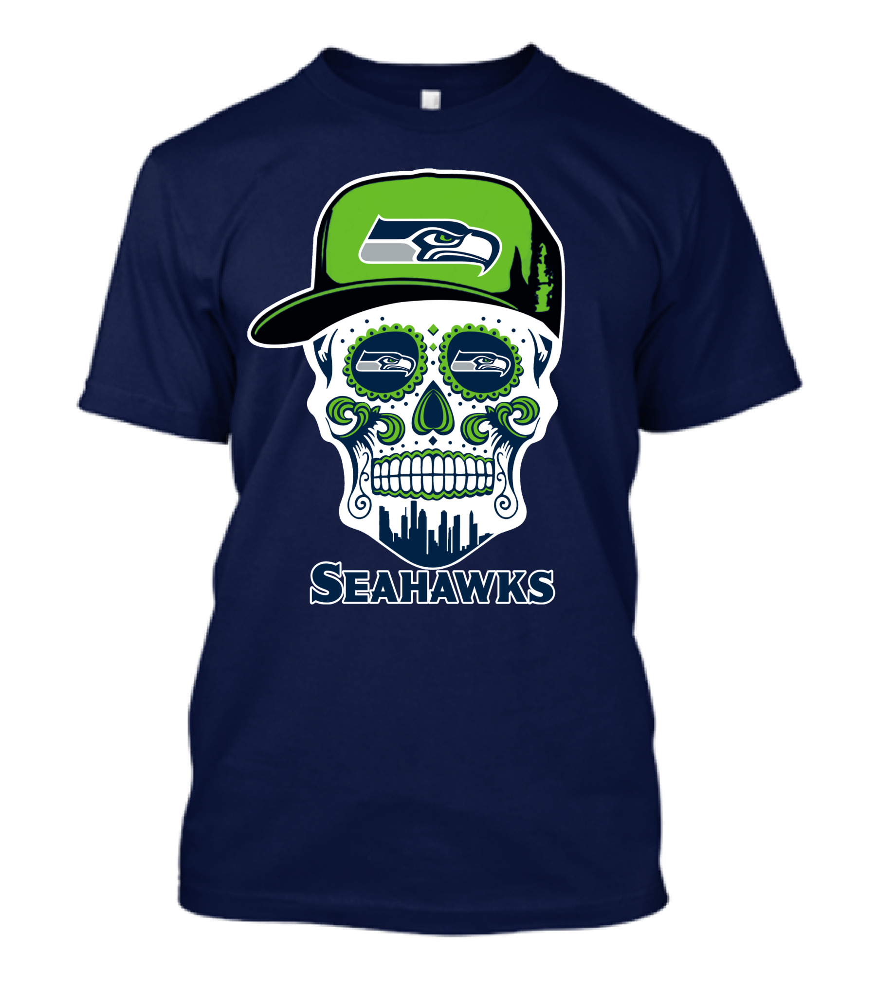 Seattle Seahawks Skull Art With Team Logo And Skyline T-Shirt