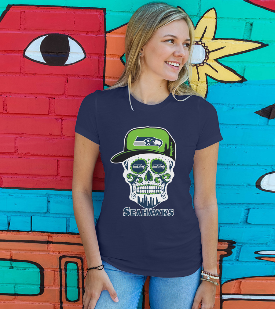 Seattle Seahawks Skull Art With Team Logo And Skyline T-Shirt