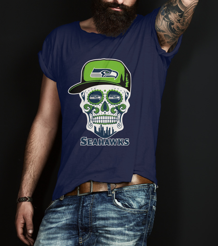 Seattle Seahawks Skull Art With Team Logo And Skyline T-Shirt