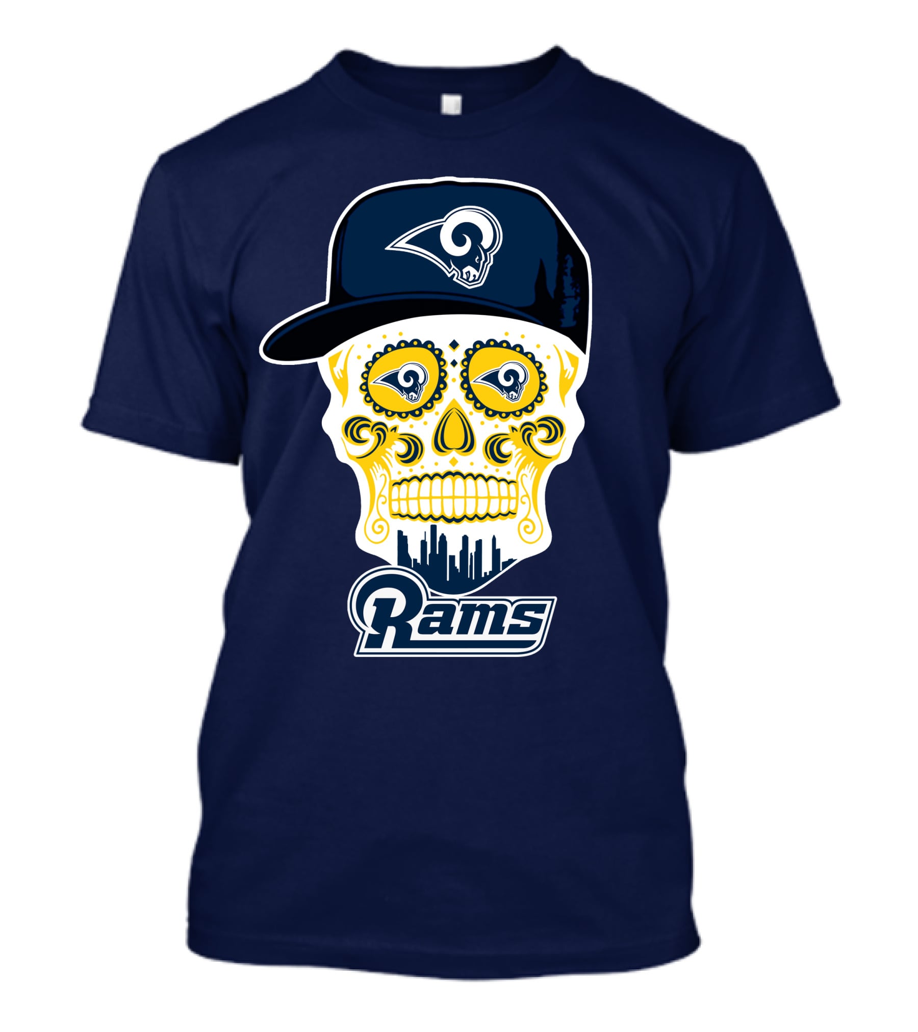 Los Angeles Rams Skull Iconic Rams Logo In Cap Funny T-Shirt