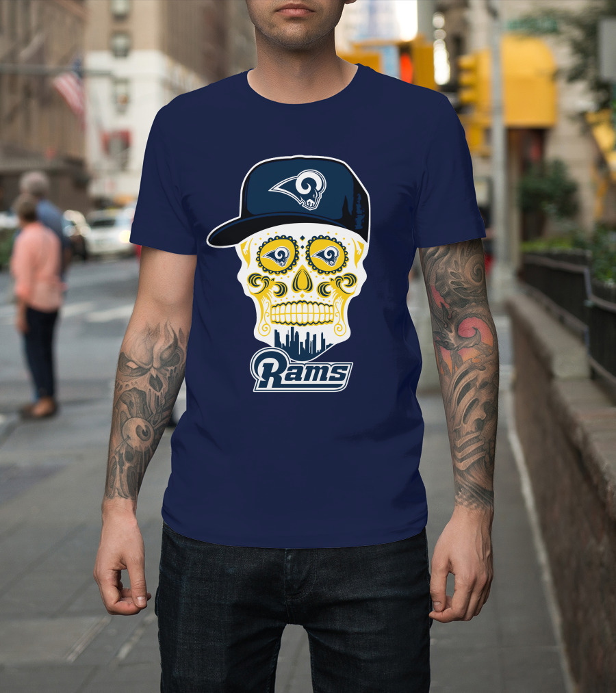 Los Angeles Rams Skull Iconic Rams Logo In Cap Funny T-Shirt