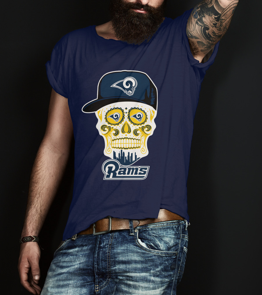 Los Angeles Rams Skull Iconic Rams Logo In Cap Funny T-Shirt