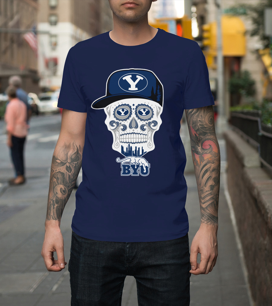 Byu Cougars Skull With Y Hat And Cityscape T-Shirt