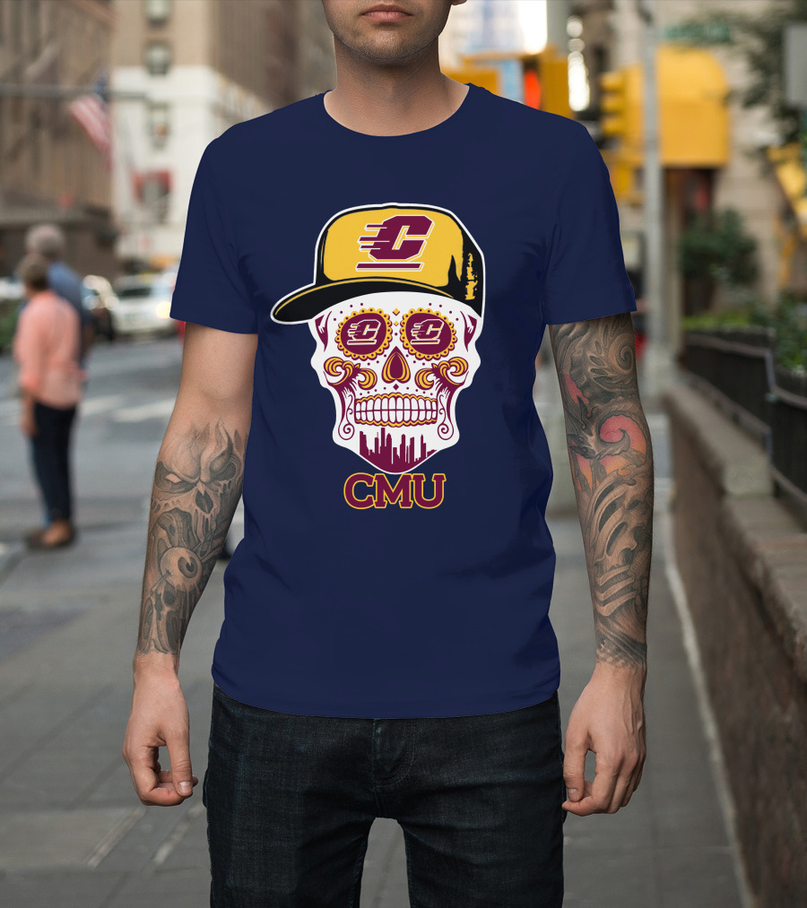 Cmu Central Michigan Chippewas Skull Logo With Cap And City Skyline T-Shirt