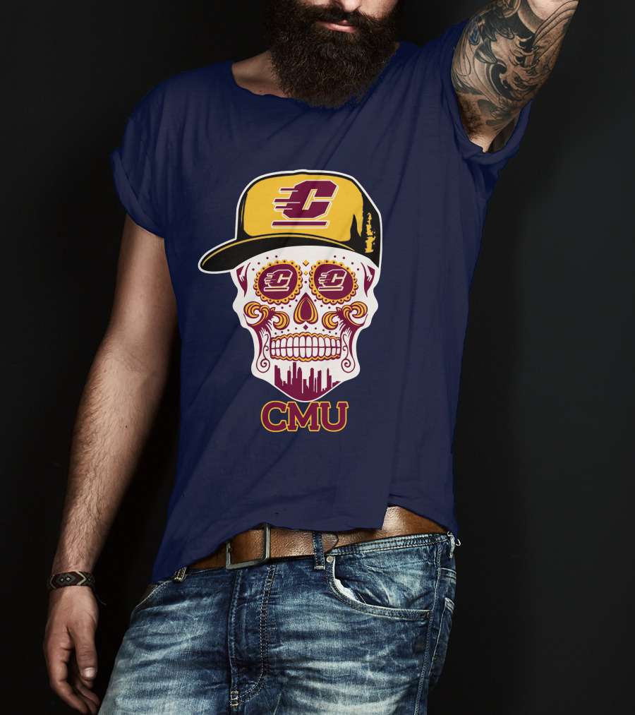 Cmu Central Michigan Chippewas Skull Logo With Cap And City Skyline T-Shirt