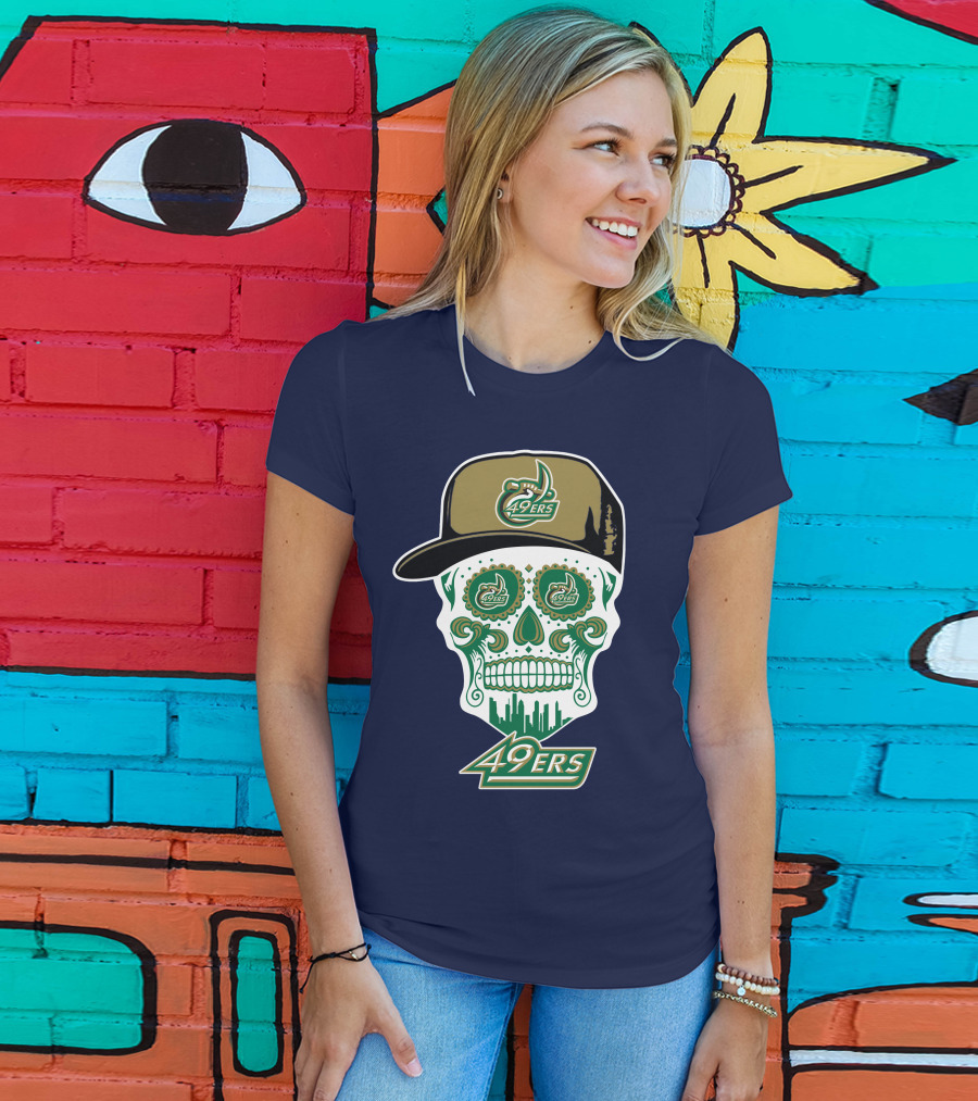 Charlotte 49ers Sugar Skull Green And Gold Logo With Hat T-Shirt