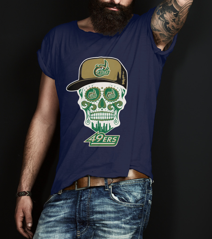 Charlotte 49ers Sugar Skull Green And Gold Logo With Hat T-Shirt