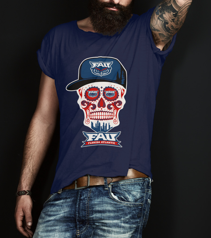 Fau Florida Atlantic Owls Sugar Skull With Cap T-Shirt