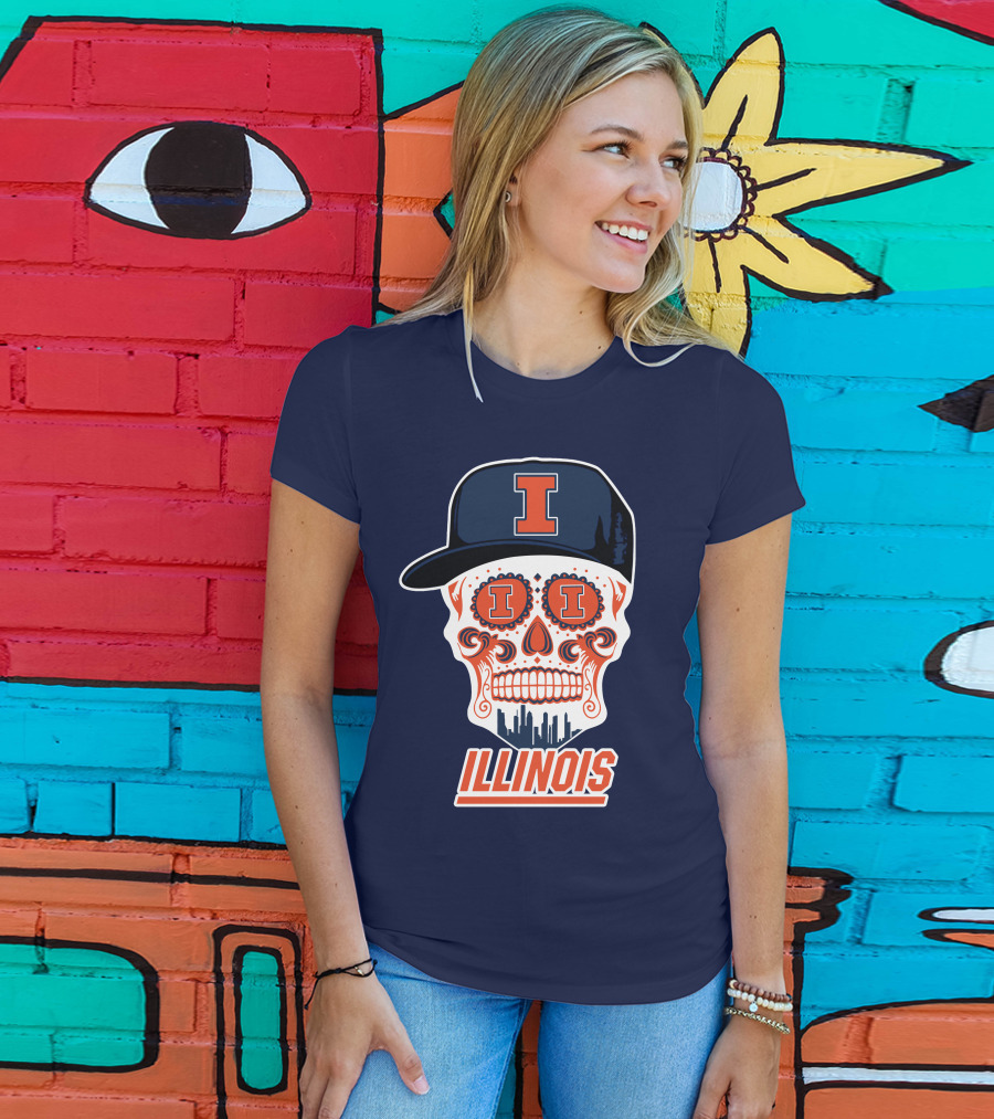 Illinois Fighting Illini Skull With Cap And Skyline T-Shirt