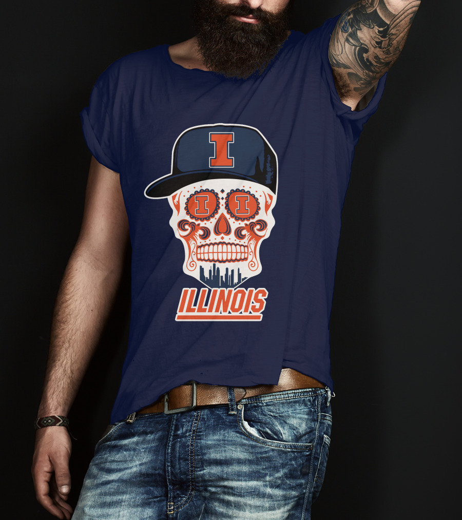 Illinois Fighting Illini Skull With Cap And Skyline T-Shirt