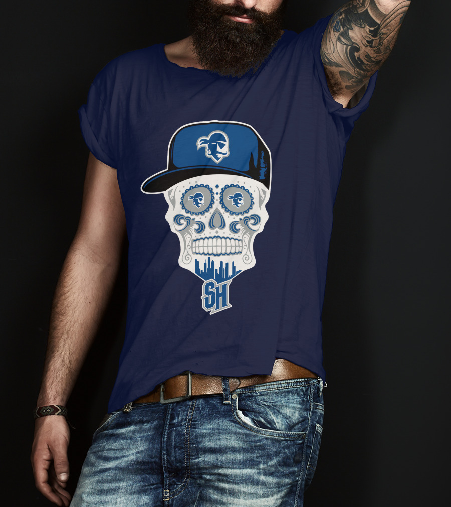 Seton Hall Pirates Sugar Skull Design With Pirate Cap And Sh T-Shirt