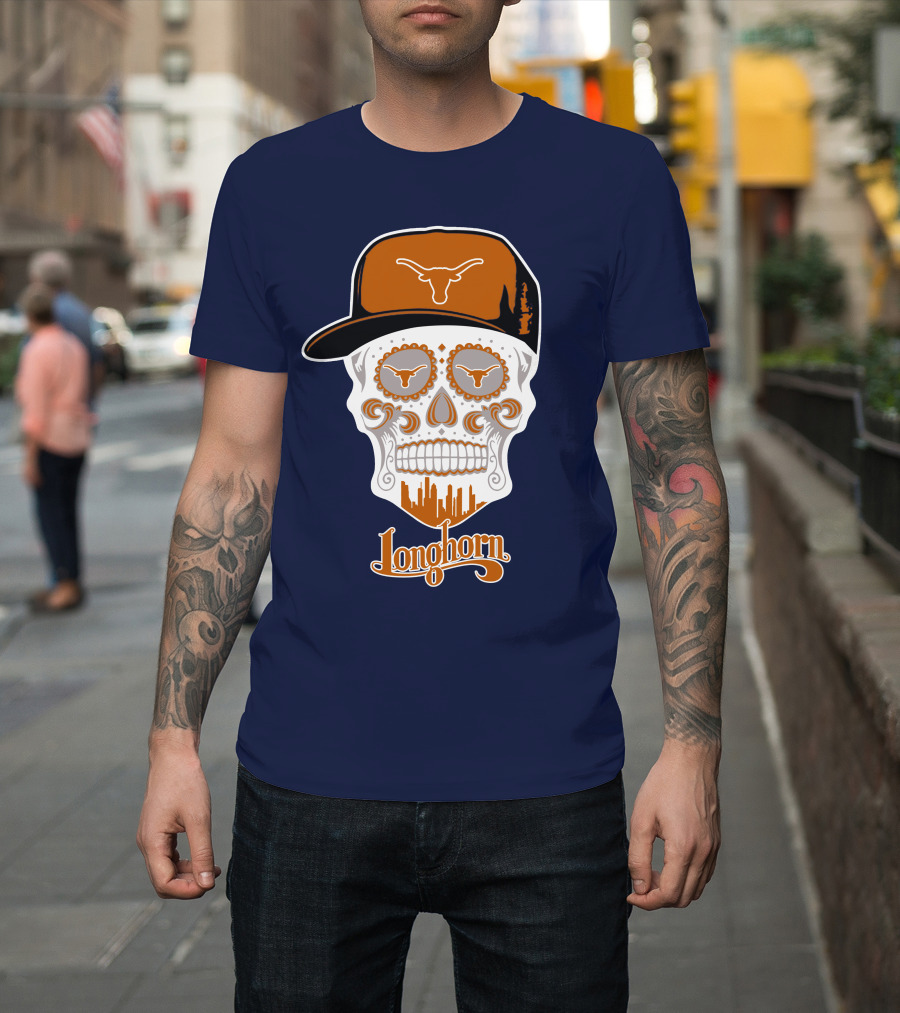 Longhorns Skull With Texas Longhorns Cap And Austin Skyline T-Shirt