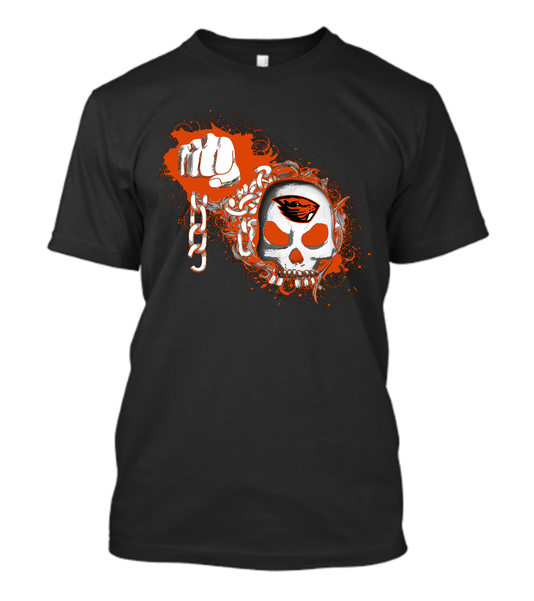 Oregon State Beavers Skull With Orange Logos Fist And Chains T-Shirt