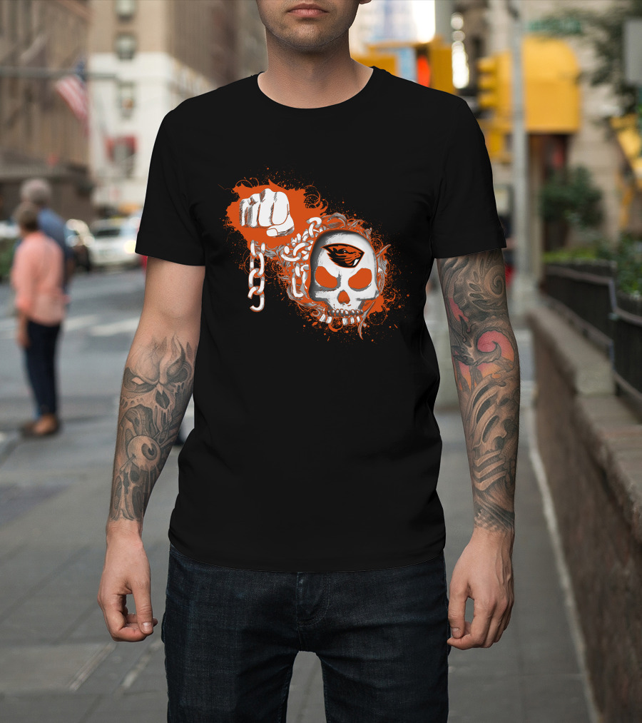 Oregon State Beavers Skull With Orange Logos Fist And Chains T-Shirt