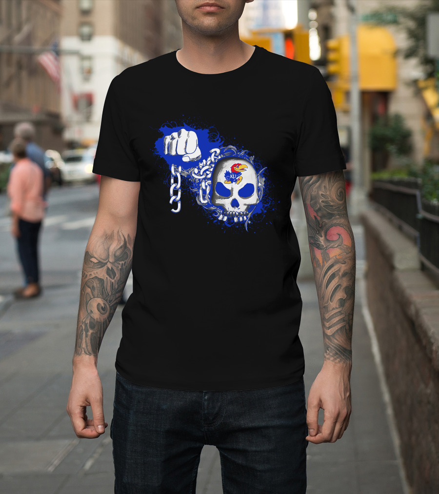 Kansas Jayhawks Skull With Chains And Bold Fist T-Shirt