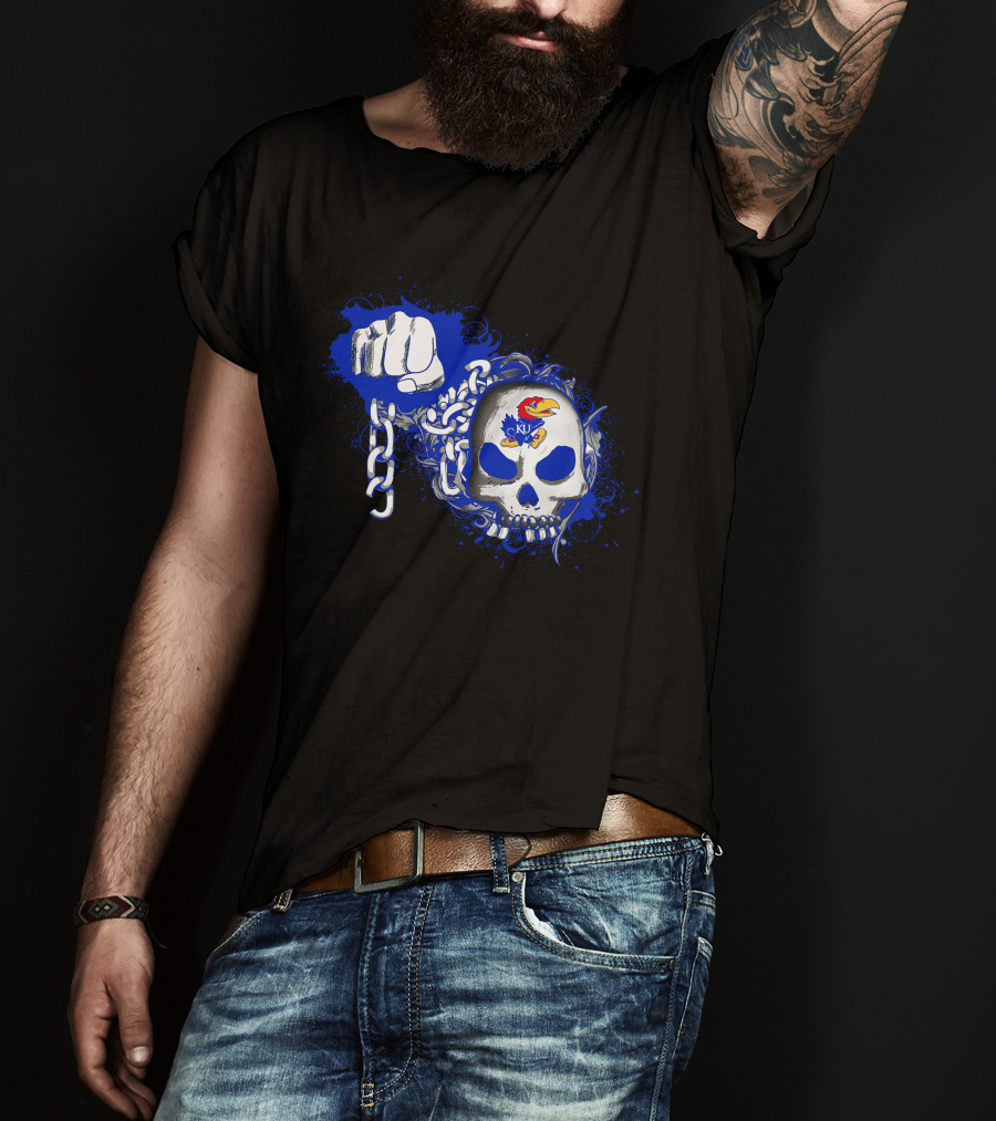 Kansas Jayhawks Skull With Chains And Bold Fist T-Shirt