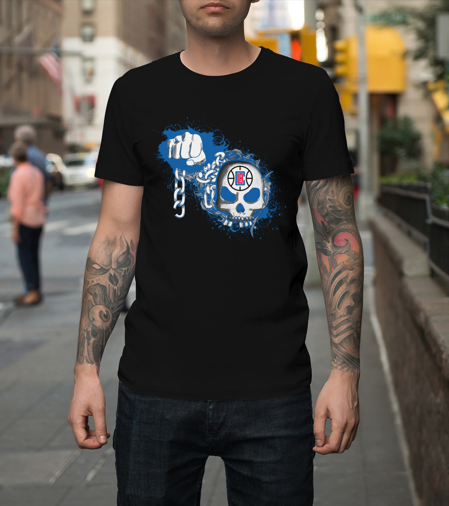 La Clippers Skull With Fist And Chains On Blue Splash T-Shirt