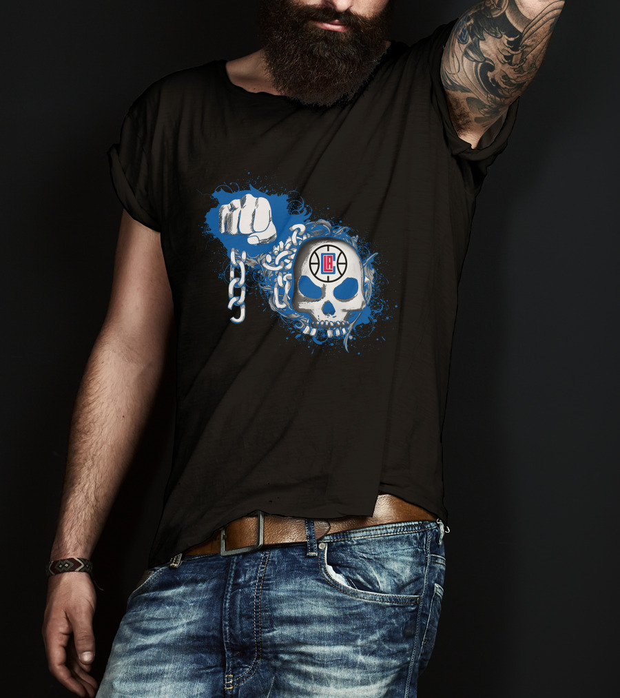 La Clippers Skull With Fist And Chains On Blue Splash T-Shirt