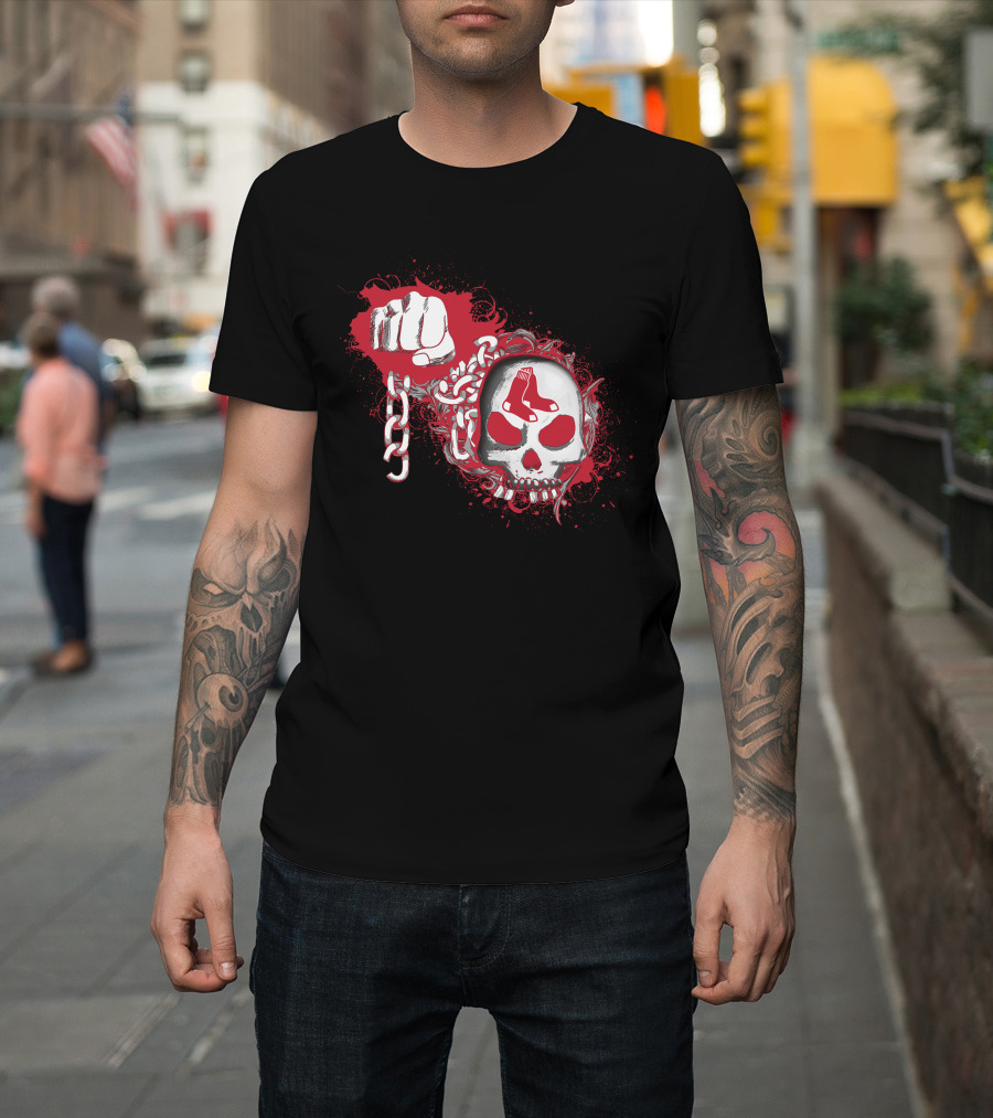 Boston Red Sox Skull With Chains And Fist On Black T-Shirt