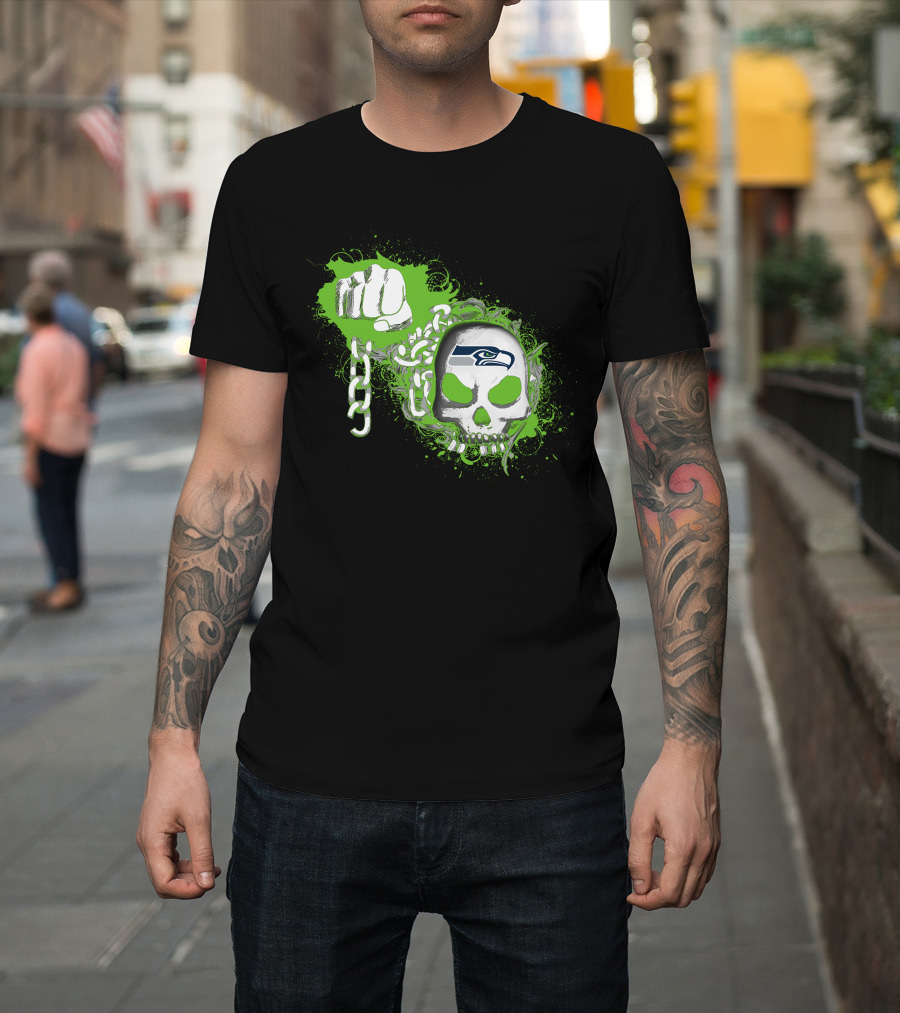 Seattle Seahawks Skull With Green Splatter And Chain Fist T-Shirt