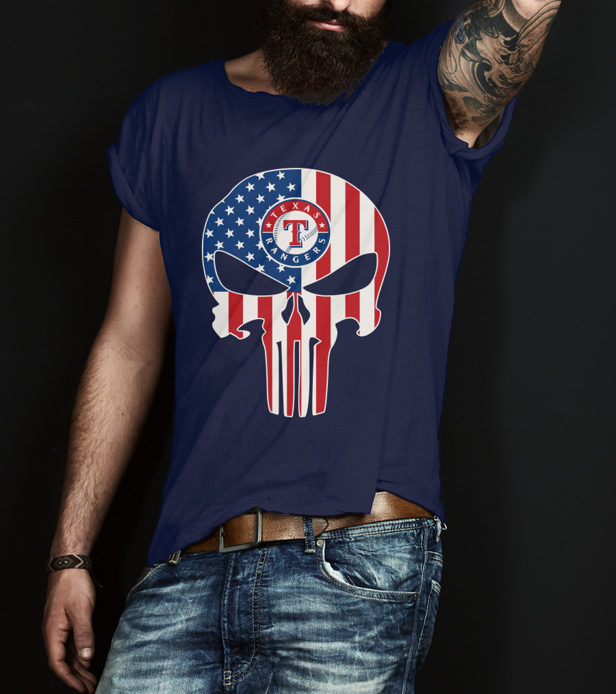 Texas Rangers Punisher Skull American Flag T-Shirt