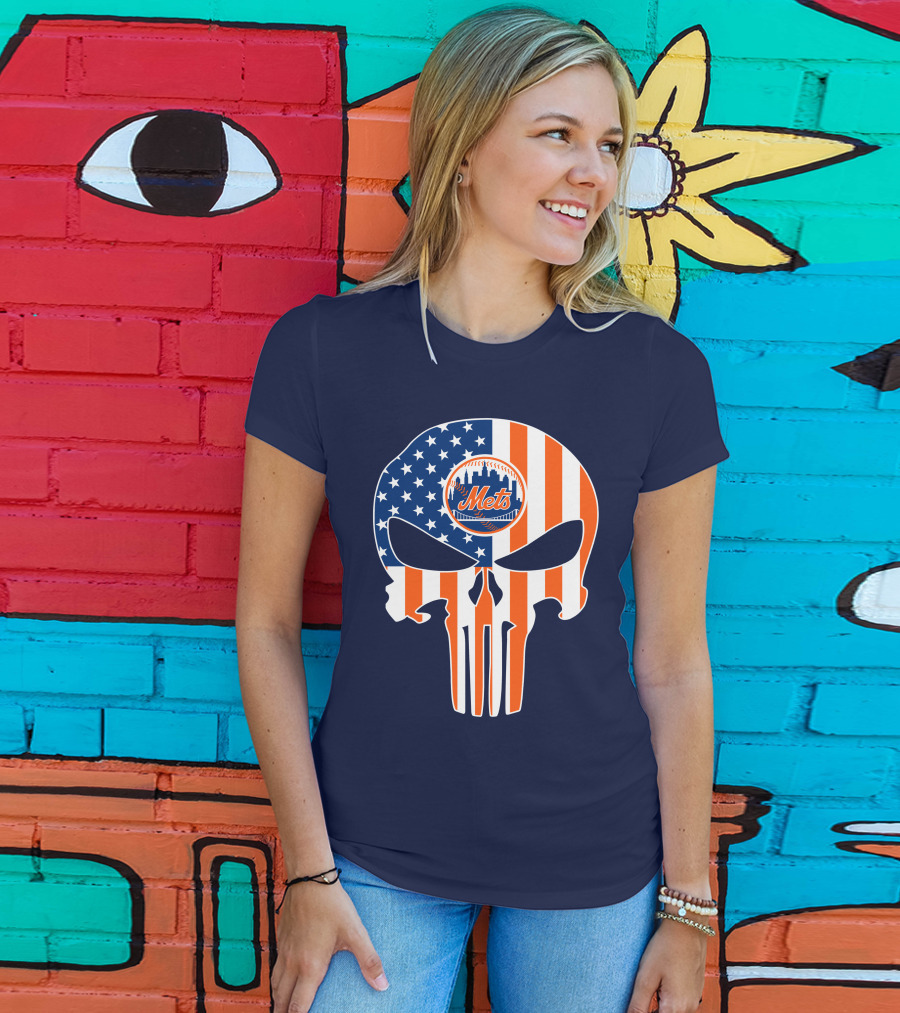New York Mets Punisher Skull American Flag T-Shirt
