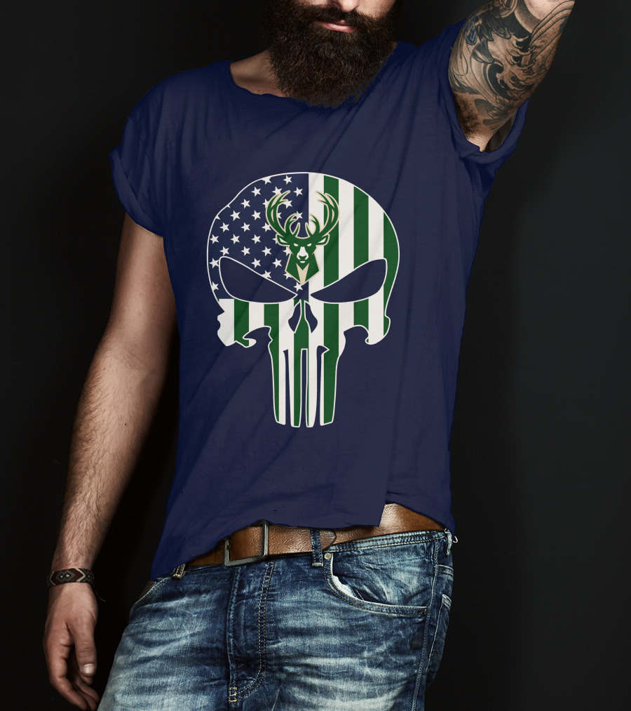Milwaukee Bucks Punisher Skull American Flag Deer T-Shirt