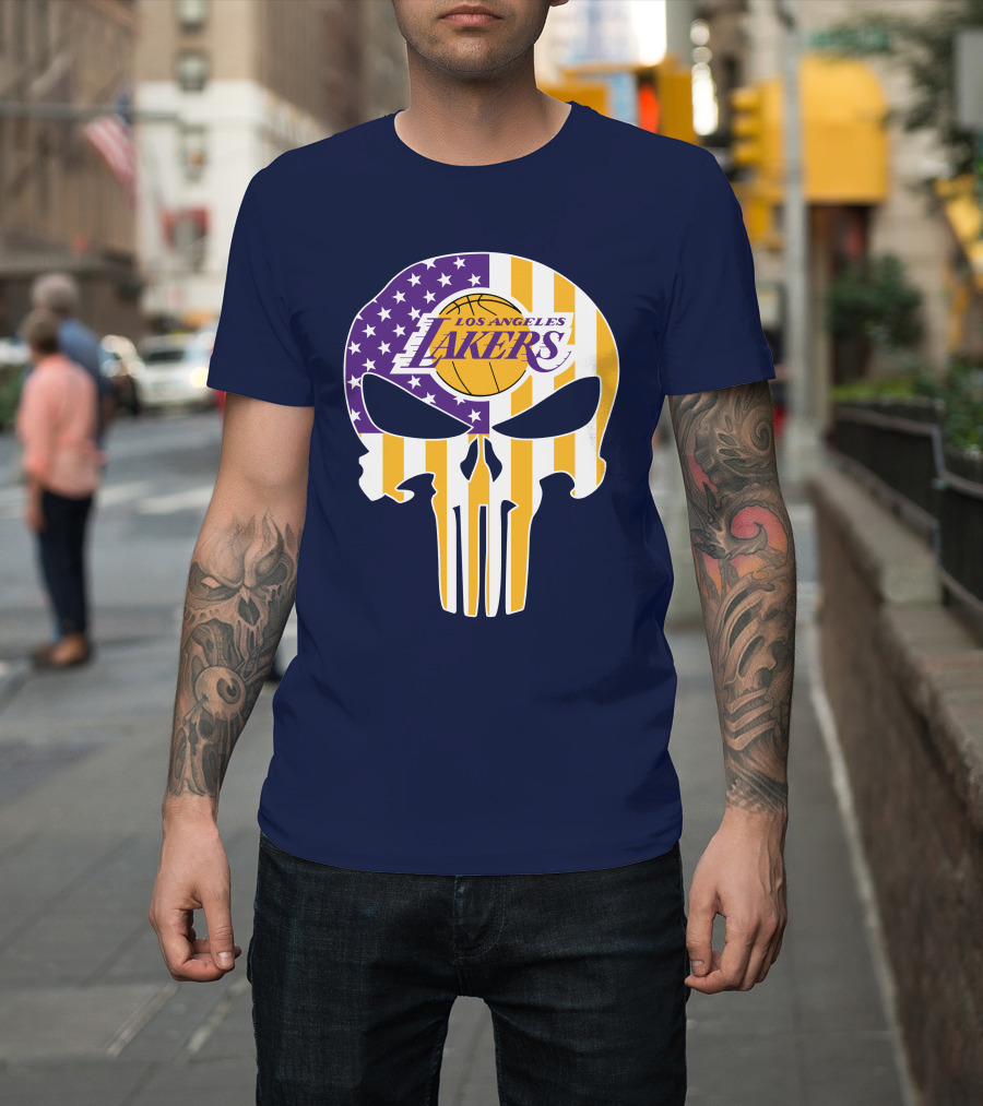 Los Angeles Lakers Skull Punisher American Flag T-Shirt