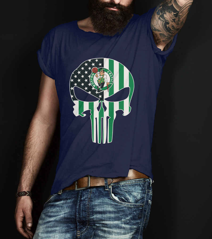 Boston Celtics Punisher Logo American Flag Skull T-Shirt